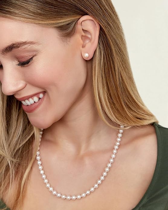 The Pearl Source Real Pearl Necklace for Women with AAA+ Quality Round White Freshwater Genuine Cultured Pearls | Pearl Strand with 14K Gold Plated Sterling Silver Clasp