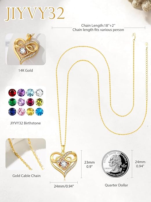 Infinite Heart Birthstone Necklaces for Women Gold Plated Pendant Wedding Anniversary Birthday Gift for Wife Her Mom Grandma Daughter Jewelry with Round Birthstone