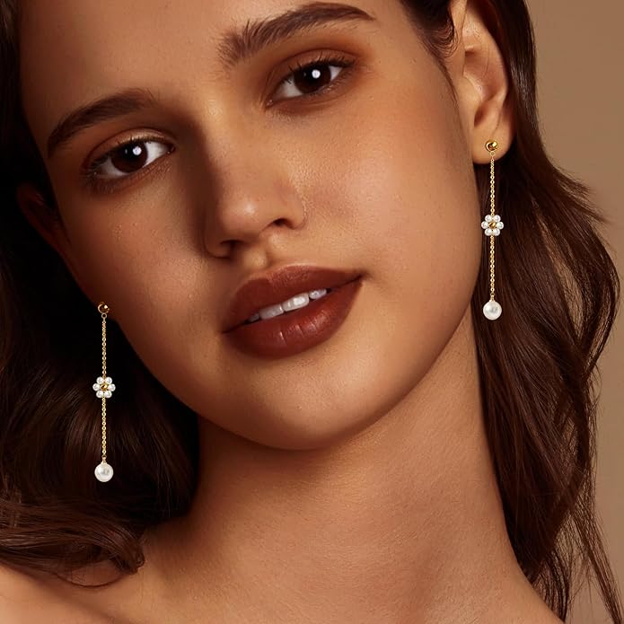 IMBOS Pearl Earrings 14k Gold Plated Daisy Flower Stud Earrings for Women Ball Stud Flat Back Earring Hypoallergenic Statement Earring Trendy Jewelry Gift for Women