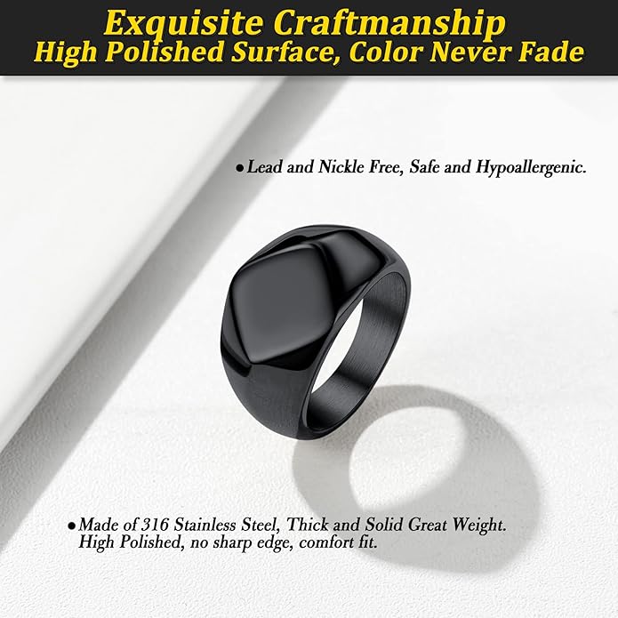 Bestyle Stainless Steel Signet Ring for Men Women in Gold/Black/Silver/Vintage Gray Tone, Chunky Thick Heavy Dome Band Ring Cool Finger Ring, Gift for Dad Husband, Size 7-14 Customizable