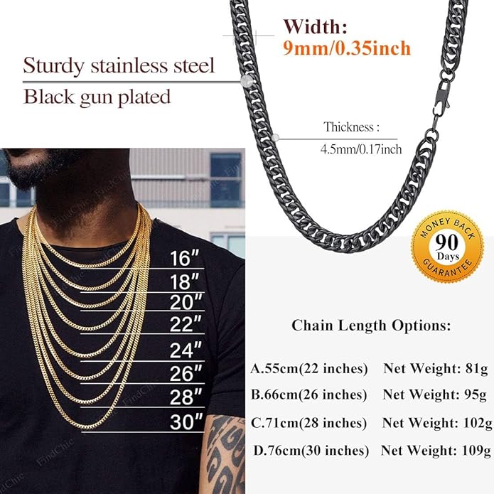 FindChic Men Curb Chain Necklace 18K Gold Plated/Stainless Steel/Black Chunky Double Tight Cuban Link Hip Hop Neck Chains for Men Boys 3.5MM/5MM/6MM/7MM/9MM/12MM 14''-30'' 8 Length Options (Send Gift Box)