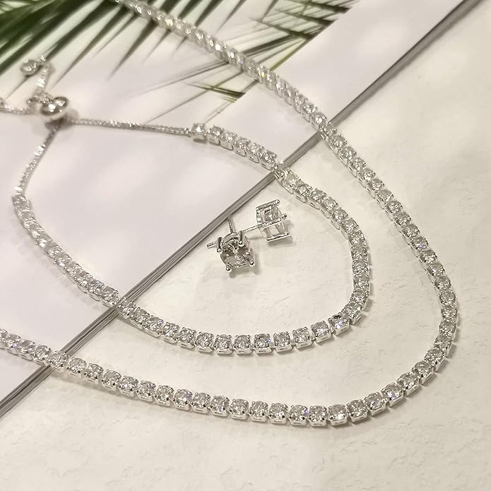 Tennis Necklace Bracelet for Women, Sterling Sliver, Dainty Chocker Necklace, Crystal Bracelet for Women, Wedding Jewelry for Bride, Sparkly Party Prom Hypoallergenic