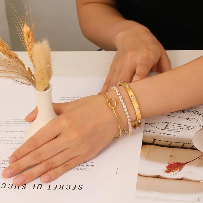 FAFUGA 18 K Gold Plated Love Bangle Bracelet Stack Cuff Jewelry for Women Jewelry Set for Women Gift with Box