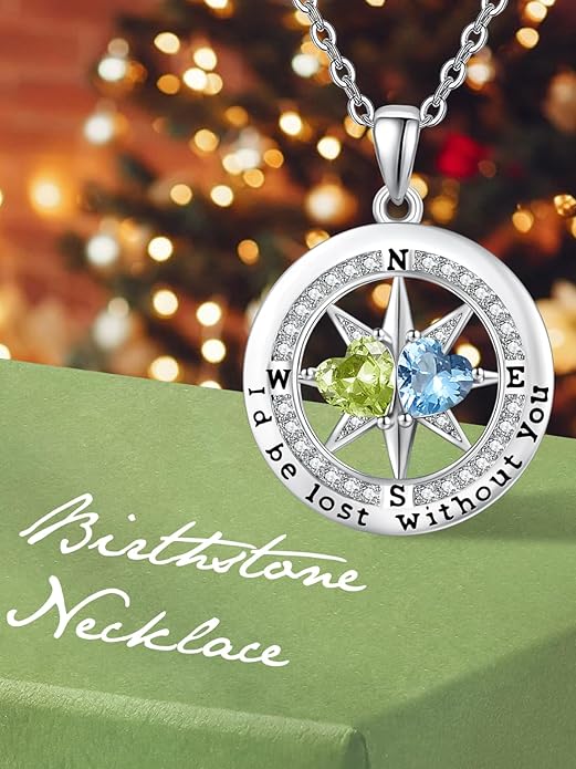 Compass Birthstones Necklace for Women, Exquisite Anniversary Birthday Gifts for Wife Her Double Birthstone Pendant jewelry ‘I'd be Lost Without You’