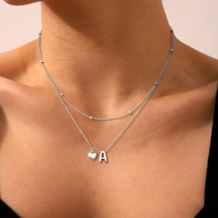 adoyi Gold Necklace for Women Layered Bubble Heart Letter Initial Necklaces for Women Trendy Jewelry 14K Gold Plated Chain Chunky Name Necklace Stack Charm A-Z Pendant Set Jewelry Gifts
