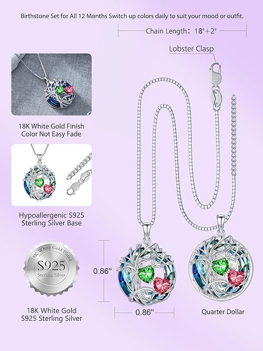 TOUPOP s925 Sterling Silver Family Celtic Tree of Life Pendant Necklaces with 2 Heart Birthstone with Blue Austrian Crystal Jewelry Birthday Anniversary Christmas Gifts for Her Wife Girlfriend Mom (18K Real White Gold Filled)