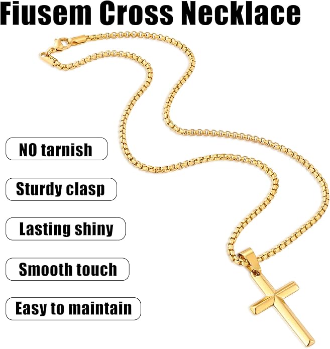 Fiusem Beveled Edge Cross Necklace for Men, Silver Tone/Black/14K Gold Plated Mens Cross Necklace, 2.5MM Stainless Steel Box Chain with Pendant
