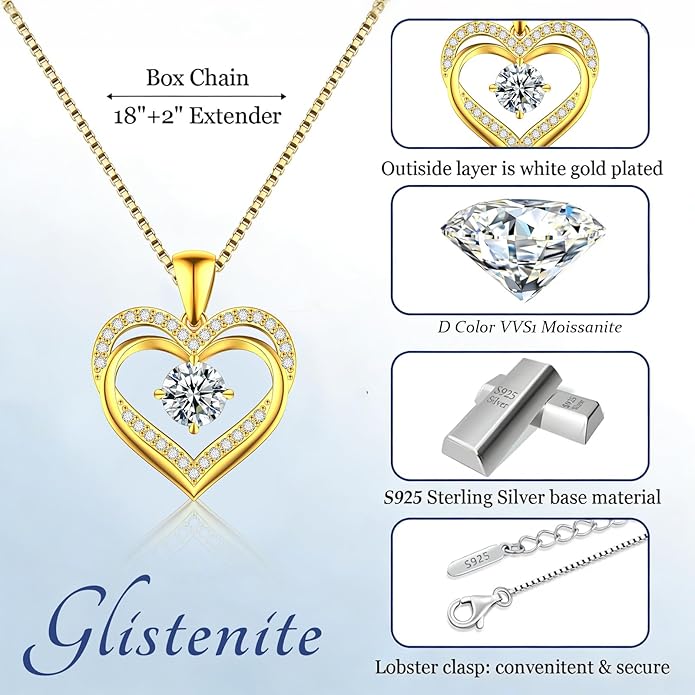 Moissanite Necklace for Women, 1–3 Carat Double Heart Pendant in 925 Sterling Silver, Romantic Love Necklace Gift for Wife or Mom, Anniversary Birthday Mother’s Day Jewelry