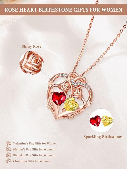 Rose Gold Necklaces for Women Double Birthstone Rose Flower Heart Pendant Necklace Jewelry Anniversary Christmas Valentine's Mother's Day Birthday Gift for Wife Mom Her Girlfriend Sister