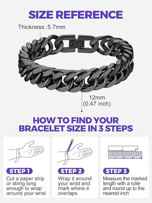 Richsteel Cuban Link Chain Bracelets 8/12/17mm Width Stainless Steel Chain Wrist Bracelets for Men, 7.4/8.2/9 Inch Length Classic Jewelry for Christmas/Valentine's Day/Birthday