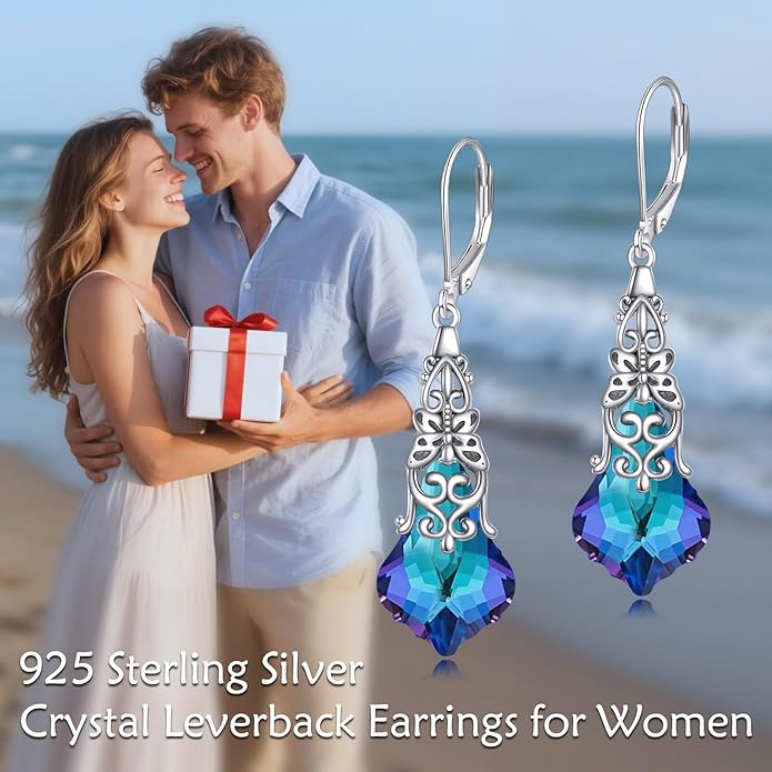 Austrian Crystal Dangle Drop Leverback Earrings for Women 925 Sterling Silver Vintage Oxidized Butterfly Filigree Hypoallergenic Jewelry