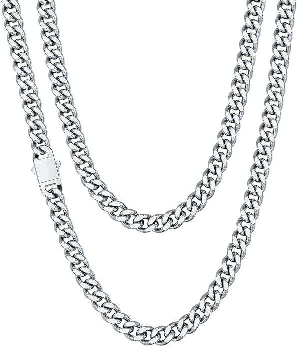 Fiusem Valentines Day Gifts for Him Silver Tone/Black/14K Gold Plated Chain Necklace for Men, 5mm/6mm/7.5mm/8mm/9mm Stainless Steel Cuban Link Chain Necklace, Men's Chains 18-28 Inch Jewelry Gifts