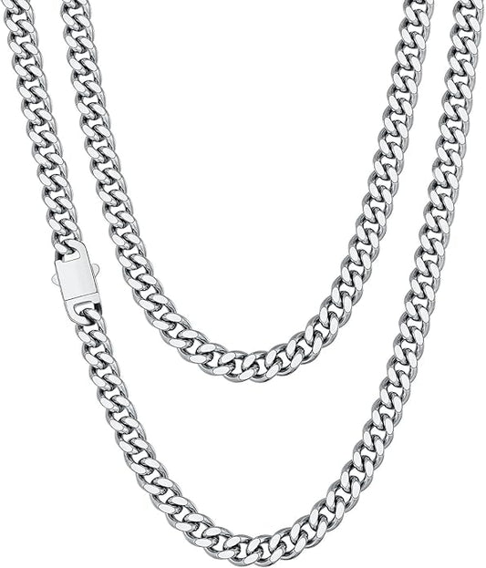 Fiusem Valentines Day Gifts for Him Silver Tone/Black/14K Gold Plated Chain Necklace for Men, 5mm/6mm/7.5mm/8mm/9mm Stainless Steel Cuban Link Chain Necklace, Men's Chains 18-28 Inch Jewelry Gifts