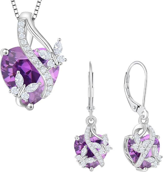 925 Sterling Silver Butterfly Earrings Necklace Created Amethyst Heart Jewelry Set
