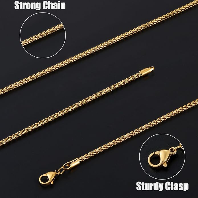 Fiusem Wheat Chains for Men and Women, 2/2.5/3/4/5mm Silver Tone/14K Gold Plated/Black Necklace Chain, Stainless Steel Mens Necklace 16-28 Inch