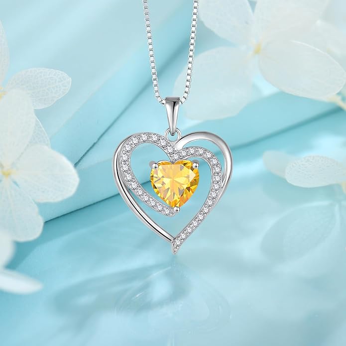 FJ Love Heart Necklace for Women 925 Sterling Silver Birthstone Pendant Anniversary Birthday Jewelry
