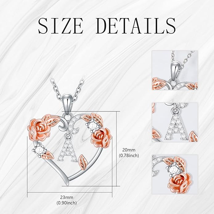 AOBOCO Rose Heart Necklaces Valentines Gifts for Women, 925 Sterling Silver Rose Love Heart Initial Letter Pendant Necklace Jewelry Mothers Day Christmas Birthday Gifts for Her Mom Wife Girlfriend