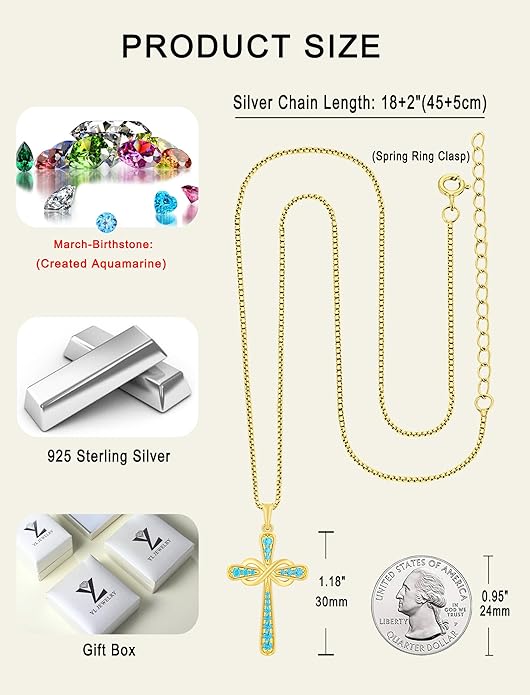YL 925 Sterling Silver Cross Necklace for Women Halo Infinity Pendant Birthstone Jewelry for Mom
