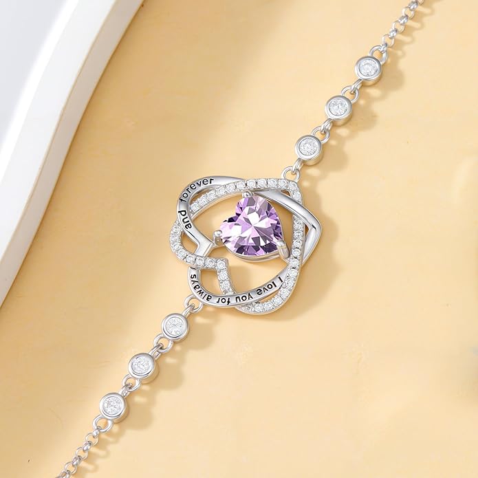 TOUPOP Heart Birthstone Bracelet 925 Sterling Silver Double Heart Bracelet Love You for Always and Forever Jewelry Anniversary Birthday Christmas Gifts for Women Wife Her