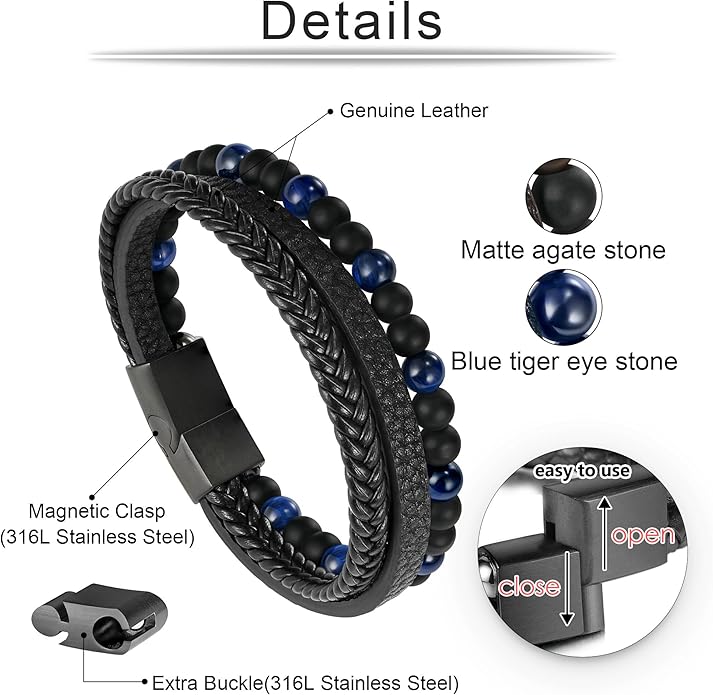 Gifts for Men - Layered Leather Beads Bracelet, Tiger Eye Lava Rock Stone Braided Leather Bracelets for Men Adjustable Magnetic Clasp Birthday Gifts