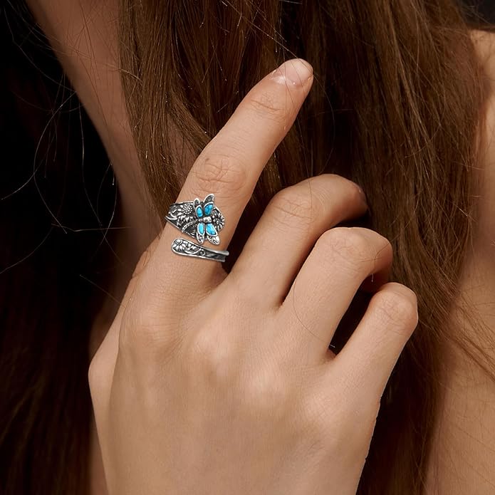 S925-Sterling-Silver Abalone Dragonfly-Turquoise Spoon Ring - Vintage Boho Sunflower Thumb Oxidized Wrap Rings Victorian Style Antique Floral Jewelry Gifts for Women