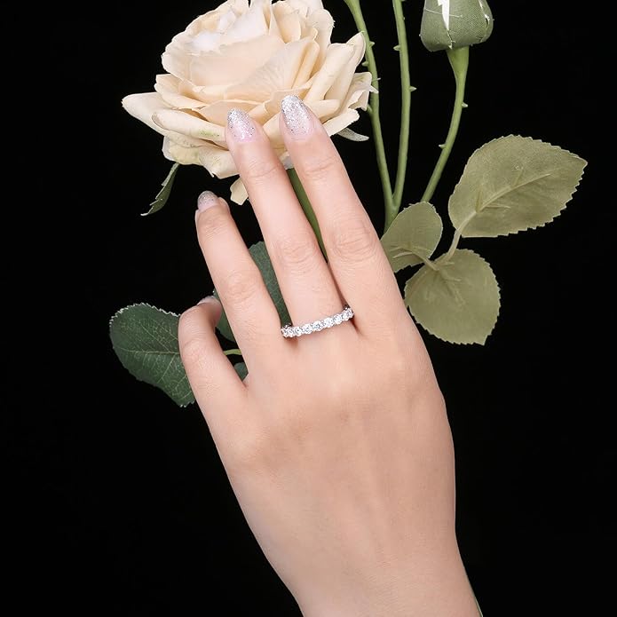 JewelryPalace 6 Stone Cubic Zirconia Half Eternity Stackable Wedding Rings for Women, 14K White Yellow Rose Gold Plated 925 Sterling Silver Promise Rings for Her, Simulated Diamond Wedding Band Ring