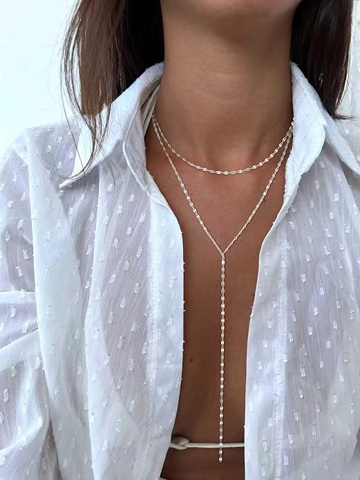 Lariat Necklace for Women, Dainty Long Necklaces, 14k Gold/Silver Plated Y-Shaped Drop Chain Necklace, Simple Layered Necklaces, Trendy Jewelry Gifts for Her