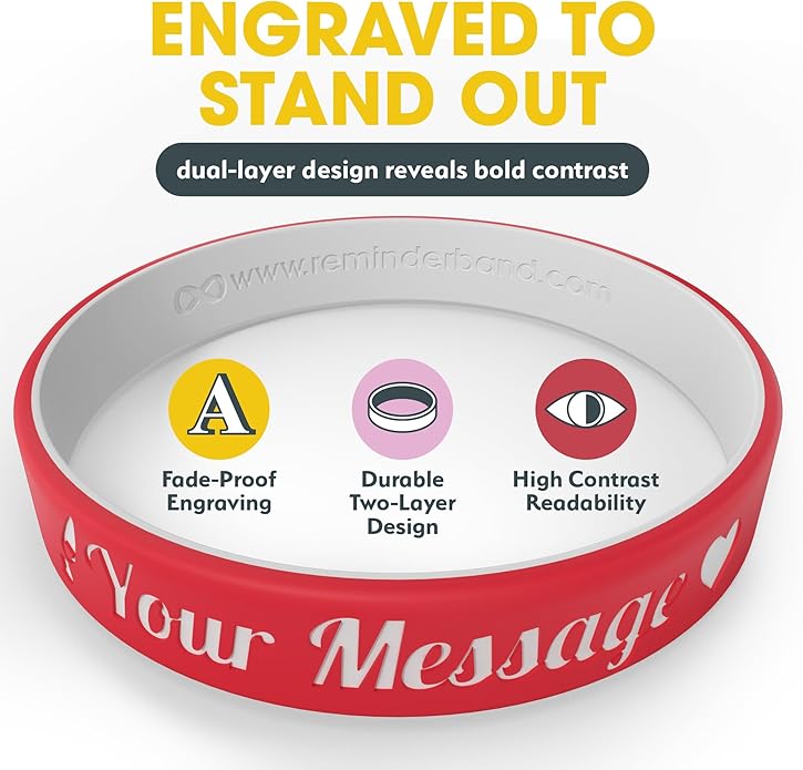 Reminderband Custom 100% Silicone Luxe Wristbands – Personalized Motivational Bracelets, Bulk Rubber Bands for Events, Fundraisers, Awareness, Gifts - Hypoallergenic Bands