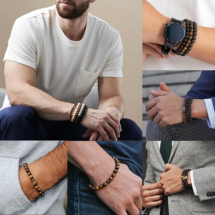 Mens Bracelet Set Black Leather Bracelets for Men Tiger Eye Bracelet 6mm 8mm Lava Rock Beaded Bracelets Adjustable Stretech