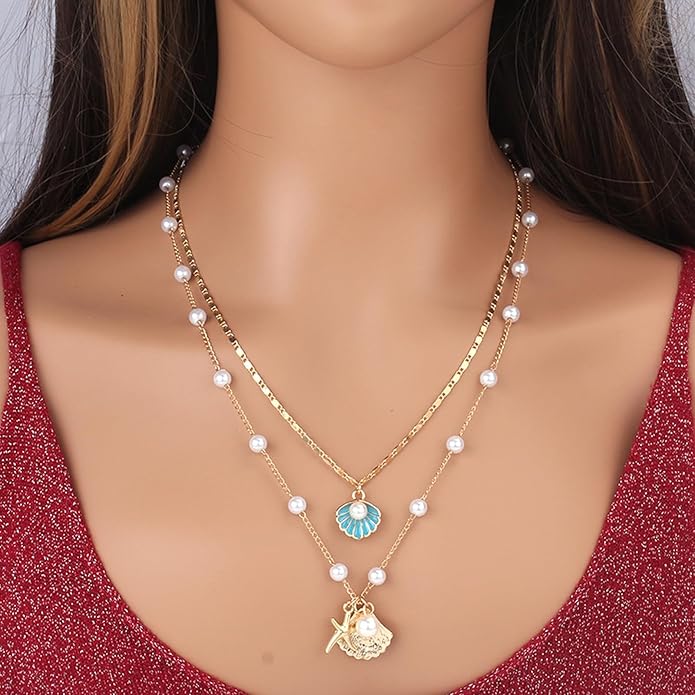 Gold Starfish Necklace for Women Beach Jewelry Accessories Sea Shell Beach Necklace Layered Starfish Pendant Beachy Ocean Necklaces Boho Cowrie Seashell Summer Necklaces Jewelry Gifts Trendy Stuff