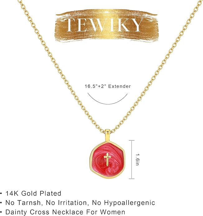 Tewiky Cross Necklace for Women-Dainty Simple 14k Gold Plated Cross Pendant Cute Necklaces for Women Jewelry