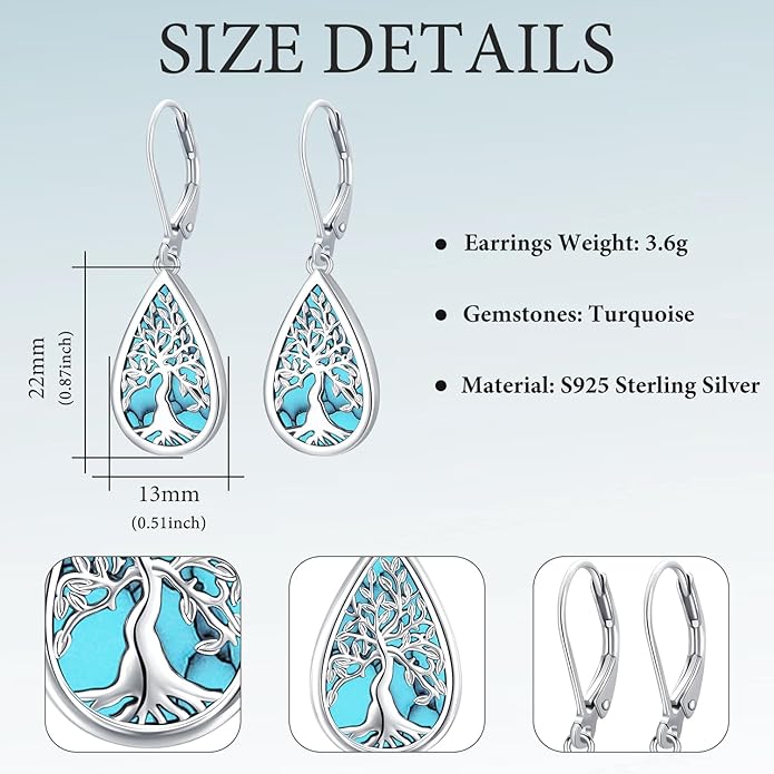 Tree of life Dangle Earrings Sterling Silver Moonstone/Turquoise/Malachite Earrings for Women Filigree Leverback Earrings Jewelry Gifts