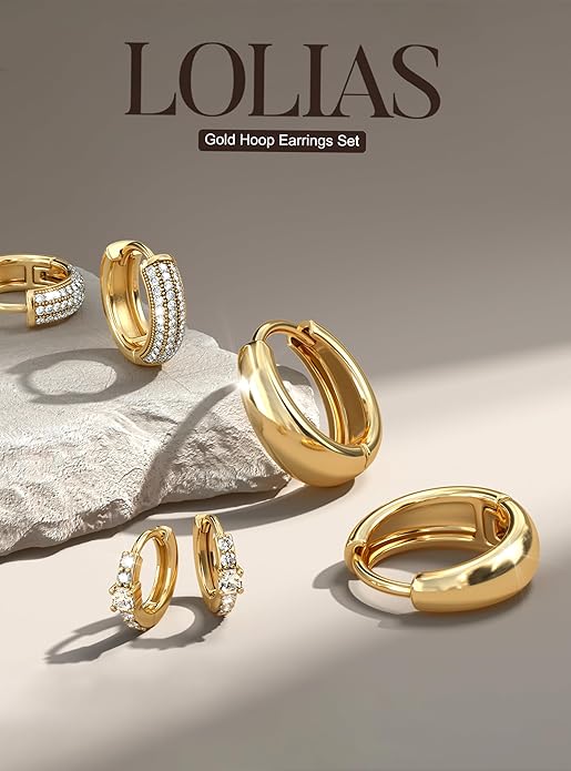 LOLIAS Small 14K Gold Plated Chunky Hoop Earrings for Women Hypoallergenic Silver Earrings Set for Sensitive Ears Non Tarnish Huggie Hoops Earring Stacks for Multiple Piercing Jewelry Lightweight 3Pairs