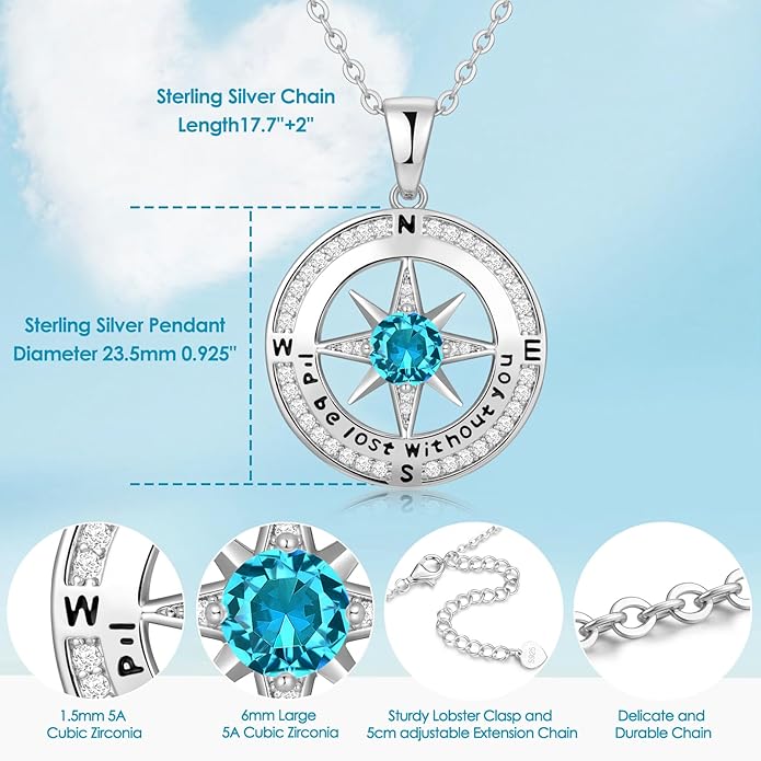 Zifeel Compass Necklace Gifts for Women wife - S925 Sterling Silver Birthstone Necklaces for Women - Anniversary Birthday Gifts for Her Wife Girlfriend - Valentines Mom Mothers Day Christmas Gifts Jewelry for Women