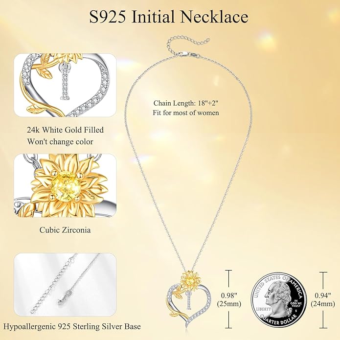 AENEAS Sunflower Initial Necklace for Women Gold Plated Sterling Silver Letter Heart Pendant Jewelry Gift for Mom Wife Birthday Anniversary Christmas