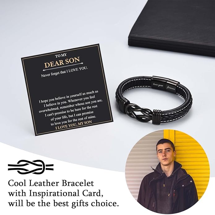 Love You Forever Leather Bracelet Gifts for Men Him Teen Boys, To My Brother Son Grandson Nephew Friend Dad Husband Christmas Birthday Valentines Fathers Day Graduation Back to School Gifts