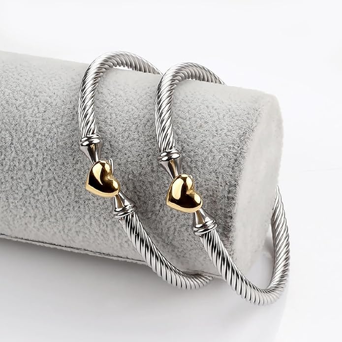 Adjustable Twist Stainless Steel Cable Wire 14K Gold Plated Love Heart Charm Bracelets Friendship Open Bangle Wrist Cuff for Women Men