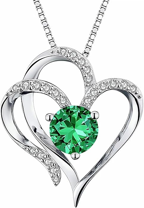 Double Heart Birthstone Necklace for Women - 925 Sterling Silver Adjustable Chain, 12-Month Cubic Zirconia Pendant, Gift for Wife/Girlfriend/Mom (Anniversary, Valentine's Day, Christmas)