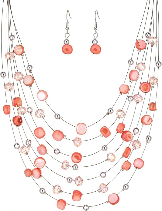 Multi-Layer Boho Shell Beaded Necklace for Women Colorful Crystal Strand with Silver Beads Statement Collars Necklace and Earrings Costumes Jewelry Sets for Women