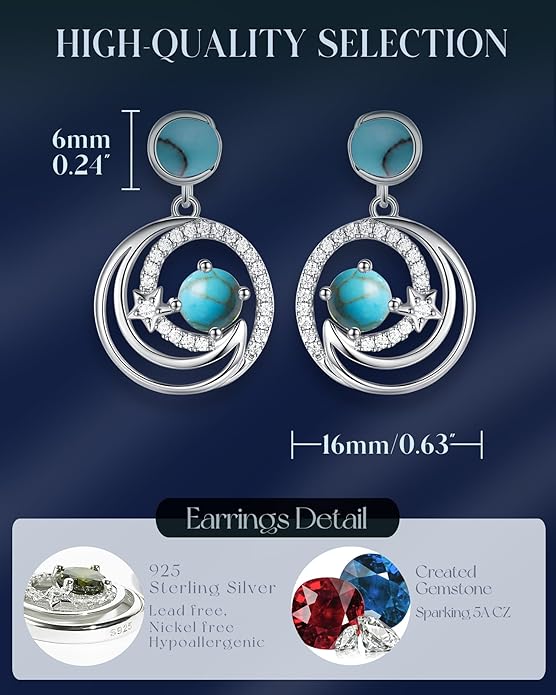 FANCIME Dangle Drop Earrings 925 Sterling Silver Moon Star Round Gemstone Birthstone Jewelry Birthday Christmas Gifts for Her Women