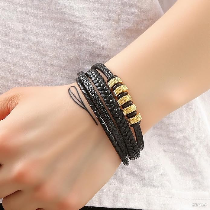 Italian Handmade Genuine Leather Bracelets for Men Stainless Steel Clip, Men's Casual Genuine Multi-layer Cuff Bracelet, Bracelet Gift for Real Men