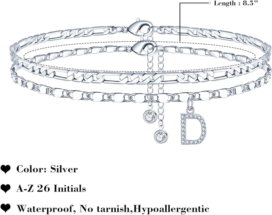 Ursteel Ankle Bracelets for Women, 14K-Gold-Plated Dainty Layered Chain CZ Initial Anklets Set Summer Jewelry Gifts for Women
