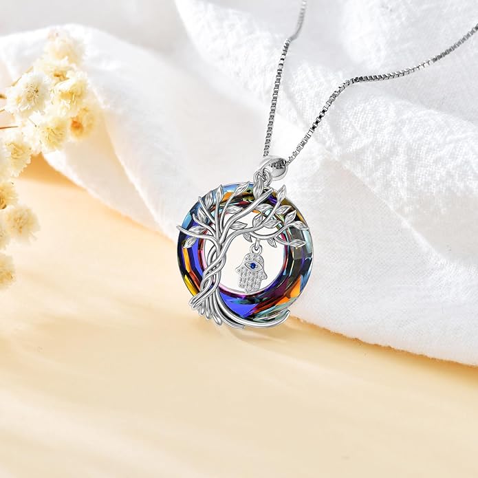 TOUPOP Evil Eye Necklace 925 Sterling Silver Tree of Life Circle Crystal Pendant Necklace Protection Jewelry Amulet Christmas Gifts for Women Her