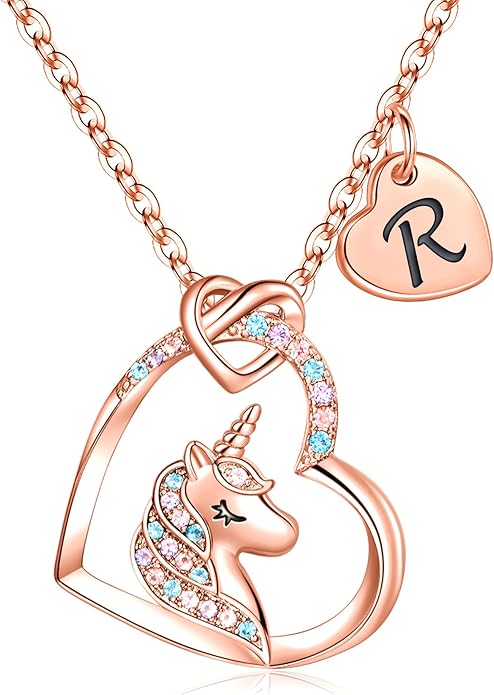 Hidepoo Unicorn Necklace Gifts for Girls - Colorful CZ Heart Pendant Initial Unicorns Necklaces for Teens Little Girls Jewelry Birthday Gift for Girl Daughter Granddaughter Niece