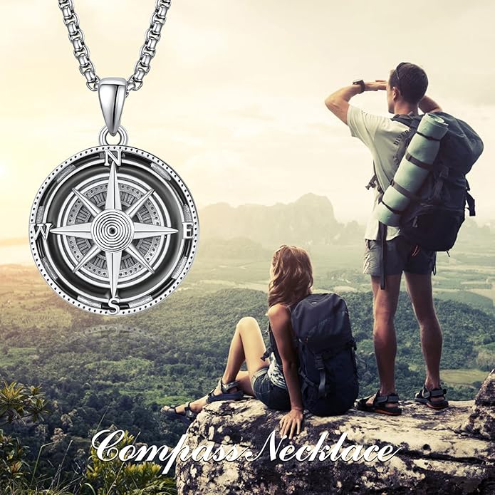 KINGWHYTE Compass Necklace for Men 925 Sterling Silver Birthday Gifts Graduation Travel Jewelry for Husband Brother with Stainless Steel Chain