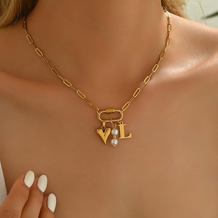 Gold Heart Initial Necklaces for Women 18K Gold Plated Dainty Pearl Letter Necklace Personalized Monogram Name A-Z Pendant Everyday Jewelry for Women