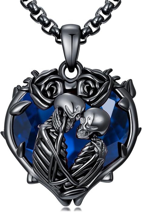 Flpruy 925 Sterling Silver Black Gothic Jewelry Gifts Skeleton Couple Pendant Crystal Birthstone Heart Necklace Punk Romantic Jewelry for Lover Men Women