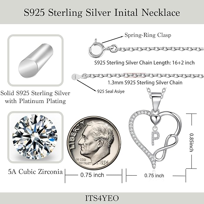 Valentines Day Gifts for Women Hers, Dainty 925 Sterling Silver Infinity Heart Initial Necklace, Letter A-Z Zircon Pendant, Jewelry Gift for Wife