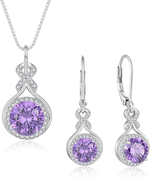 Amethyst Infinity Jewlery Set for Women, 925 Sterling Silver Necklaces and Earrings Halo February Birthstone Jewelry Gift for Birthday Anniversary