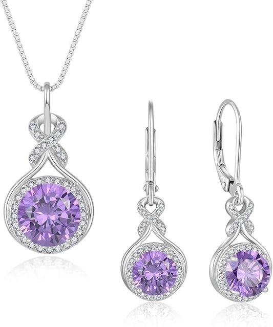 Amethyst Infinity Jewlery Set for Women, 925 Sterling Silver Necklaces and Earrings Halo February Birthstone Jewelry Gift for Birthday Anniversary